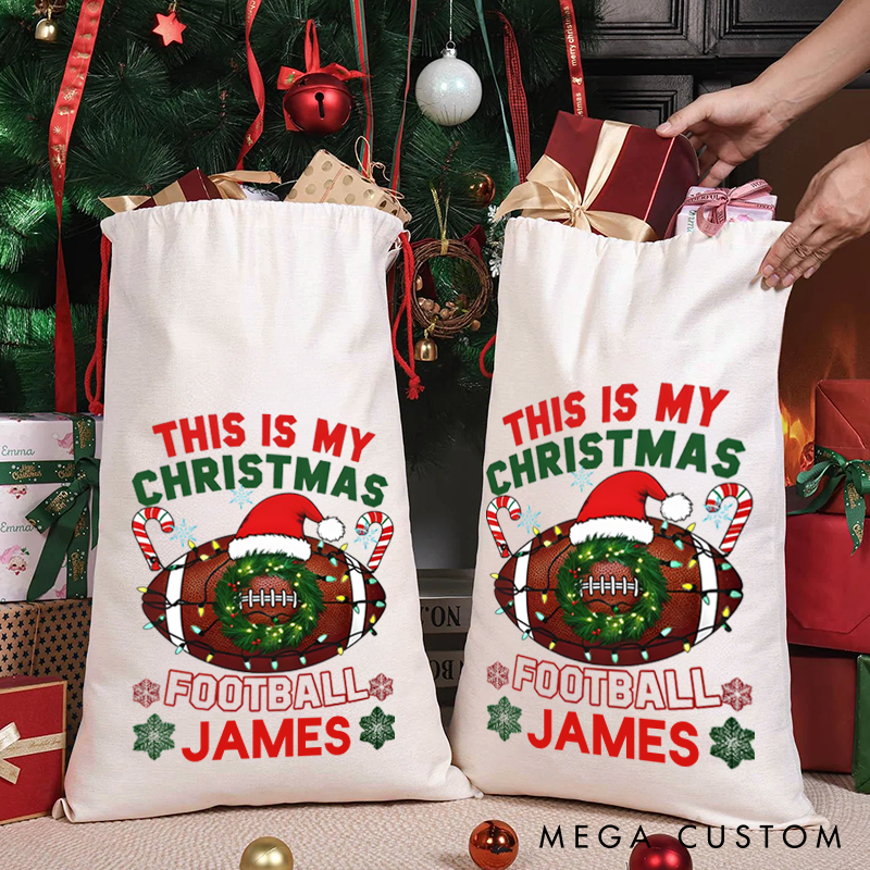 Personalized Christmas American Football Gift Bag with Festive Design and Custom Name