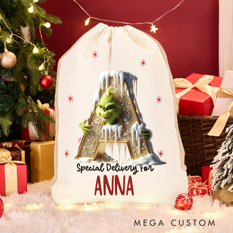 Personalized Golden Glitter Monster Alphabet Christmas Sack for Classic Movie Lovers Santa Sack Christmas Gift Bag for Kids