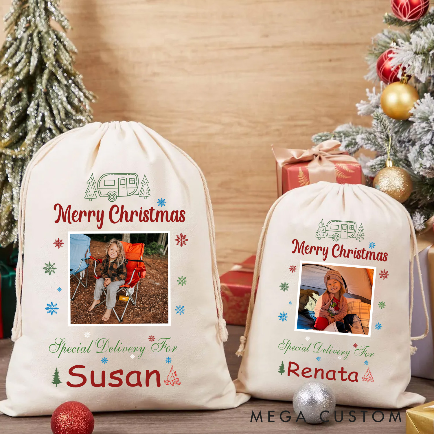 Personalised Camper Photo Collage Christmas Sack Custom Camping Enthusiast Gift for Kid Him Her