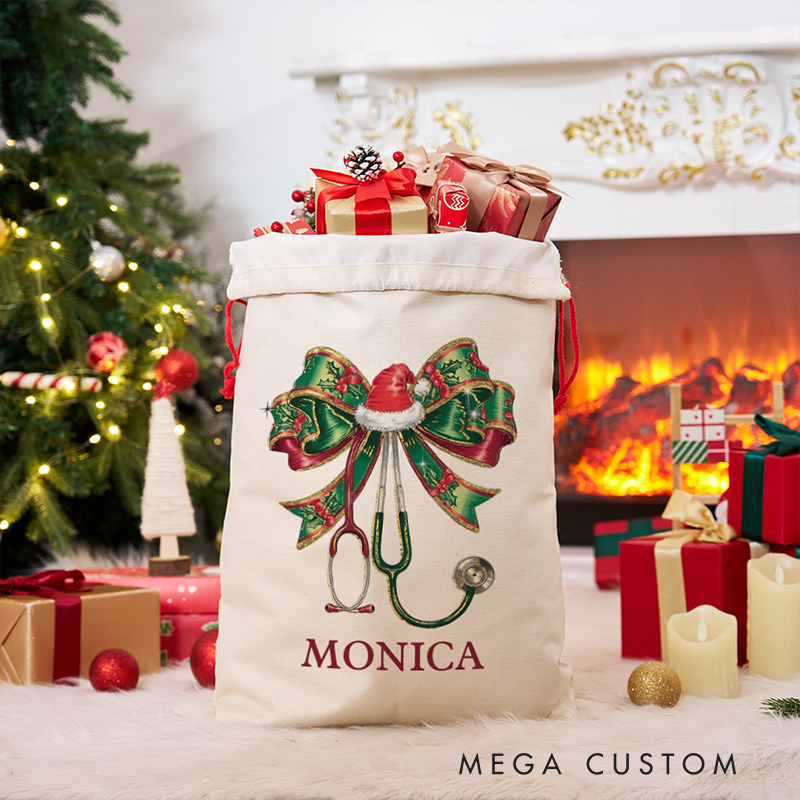 Personalized Nurse Christmas Gift Sack Custom Santa Bag with Stethoscope Christmas Gift