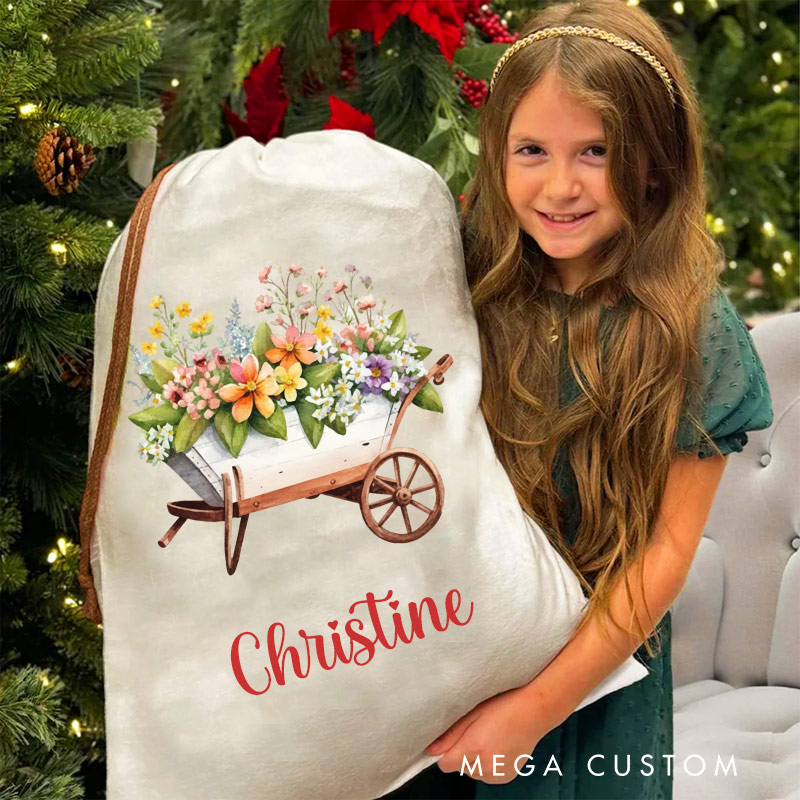 Personalized Christmas Gift Sack with Name Garden Favor Bags Wheelbarrow Floral Design Christmas Gifts