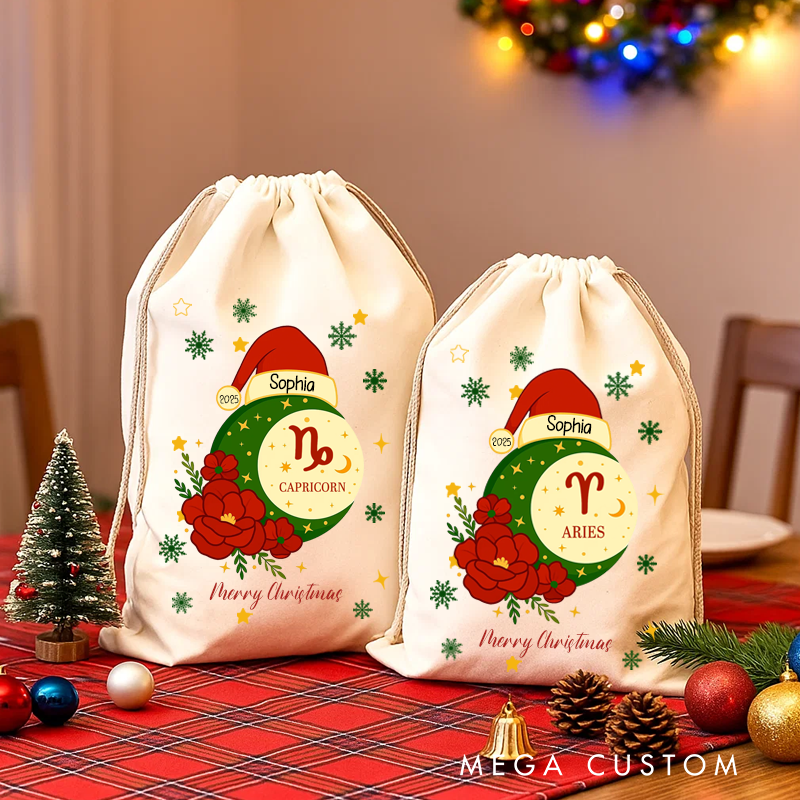 Personalized Zodiac Sign Floral and Name Canvas Gift Bag With Name Christmas Party Gift Christmas Sack Floral Star Sign Zodiac Birth Month Gift