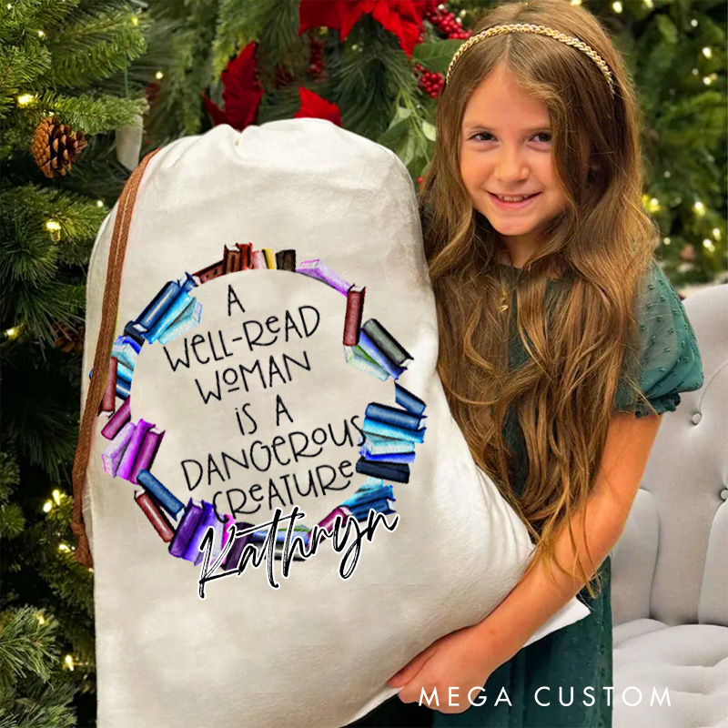 Personalized a Well Read Woman Christmas Bag with Name Bookish Santa Sack Gift Wrap Bag for Holiday Season Book Lover Christmas Gift