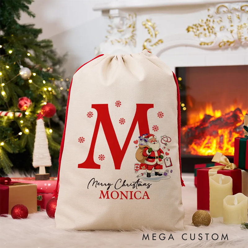 Personalized Christmas Nurse Gift Sack with Initial Name Custom Santa Bag Christmas Gift