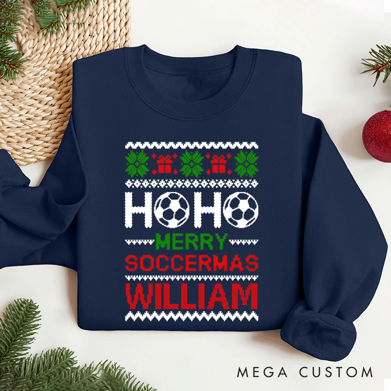 Personalized Soccer Christmas Sweatshirt with Festive Design and Custom Name