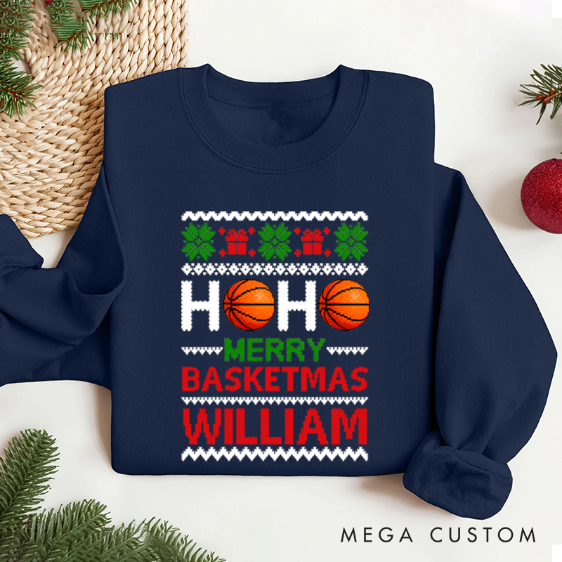Personalized Basketball Christmas Sweatshirt with Festive Design and Custom Name