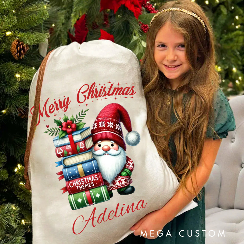 Personalized Book and Gnome Christmas Bag with Name Bookish Santa Sack Flower Book Xmas Sack Book Lover Christmas Gift