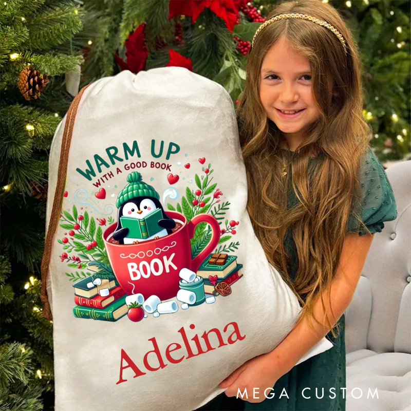 Personalized Warm up with a Good Book Christmas Bag Reading Penguin Santa Sack with Name for Book Lover Christmas Gift Librarian Gift