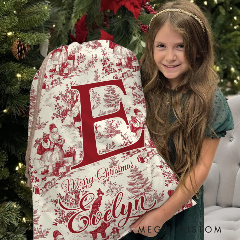 Personalized Vintage Toile De Jouy Santa Claus Initial Canvas Drawstring Gift Bag with Name Christmas Gift for Family Friends Gardening Lovers