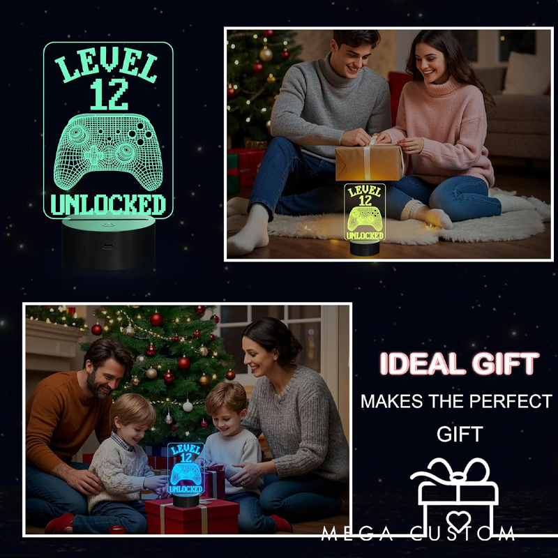 Personalized Gaming Themed LED Night Light Level 12 Unlocked Gamer Night Light Gift for Geek