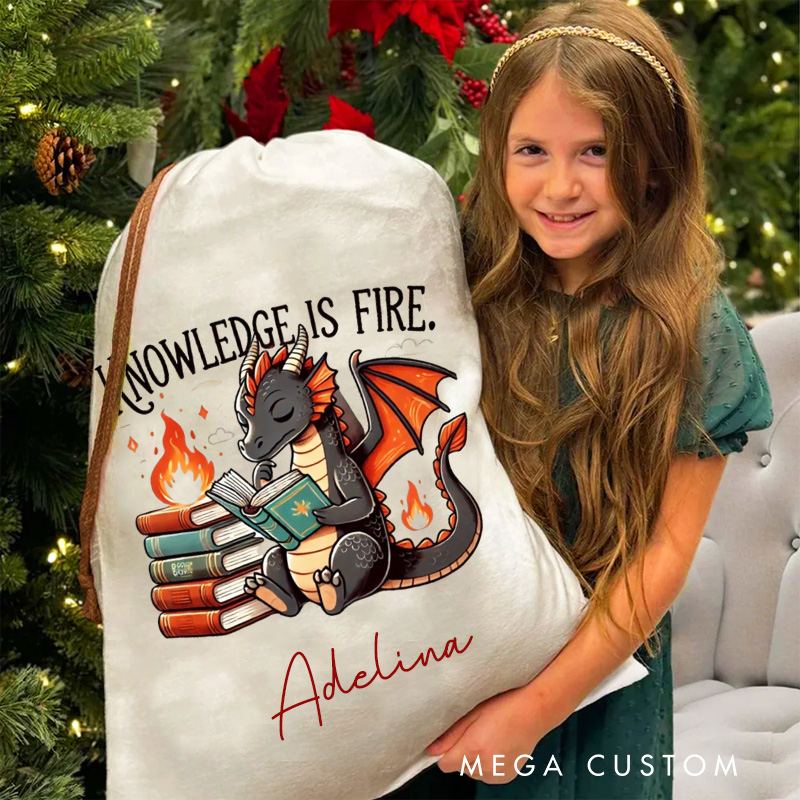 Personalized Knowledge is Fire Christmas Bag Reading Dargan Christmas Santa Sack with Name Book Nerd Xmas Sack for Book Lover Gift Librarian Gift