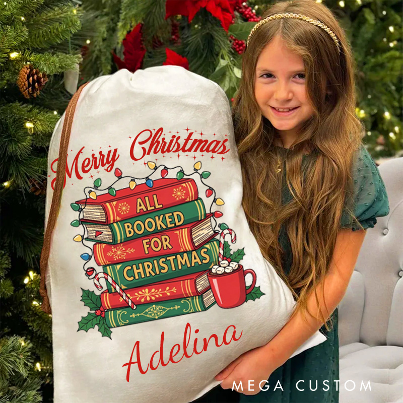 Personalized All Booked for Christmas Bag Merry Christmas Santa Sack with Name Bookworm Xmas Sack for Book Lover Gift Librarian Gift