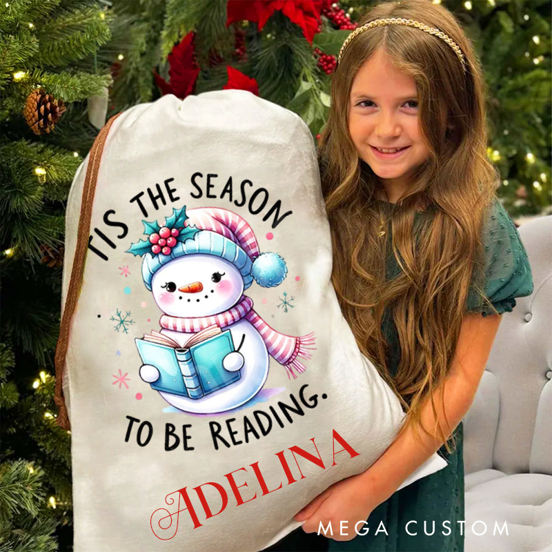 Personalized Tis the Season to Be Reading Christmas Bag Kids Reading Snowman Santa Sack for Kids Bookworm Xmas Sack with Name Book Lover Gift