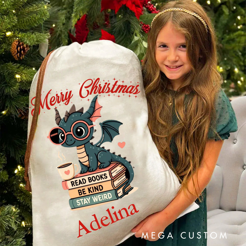 Personalized Read Books Be Kind Stay Weird Christmas Bag Dargan Santa Sack for Kids Bookworm Xmas Sack with Name Book Lover Gift