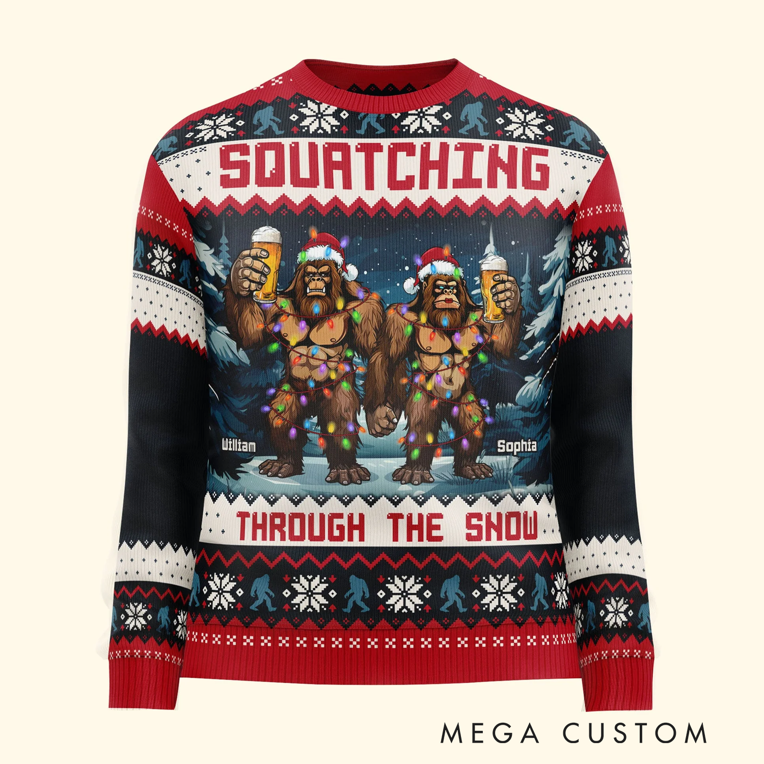 Personalizedsquatching Through the Snow Ugly Sweater Christmas Gift for Outdoor Hiking Enthusiasts