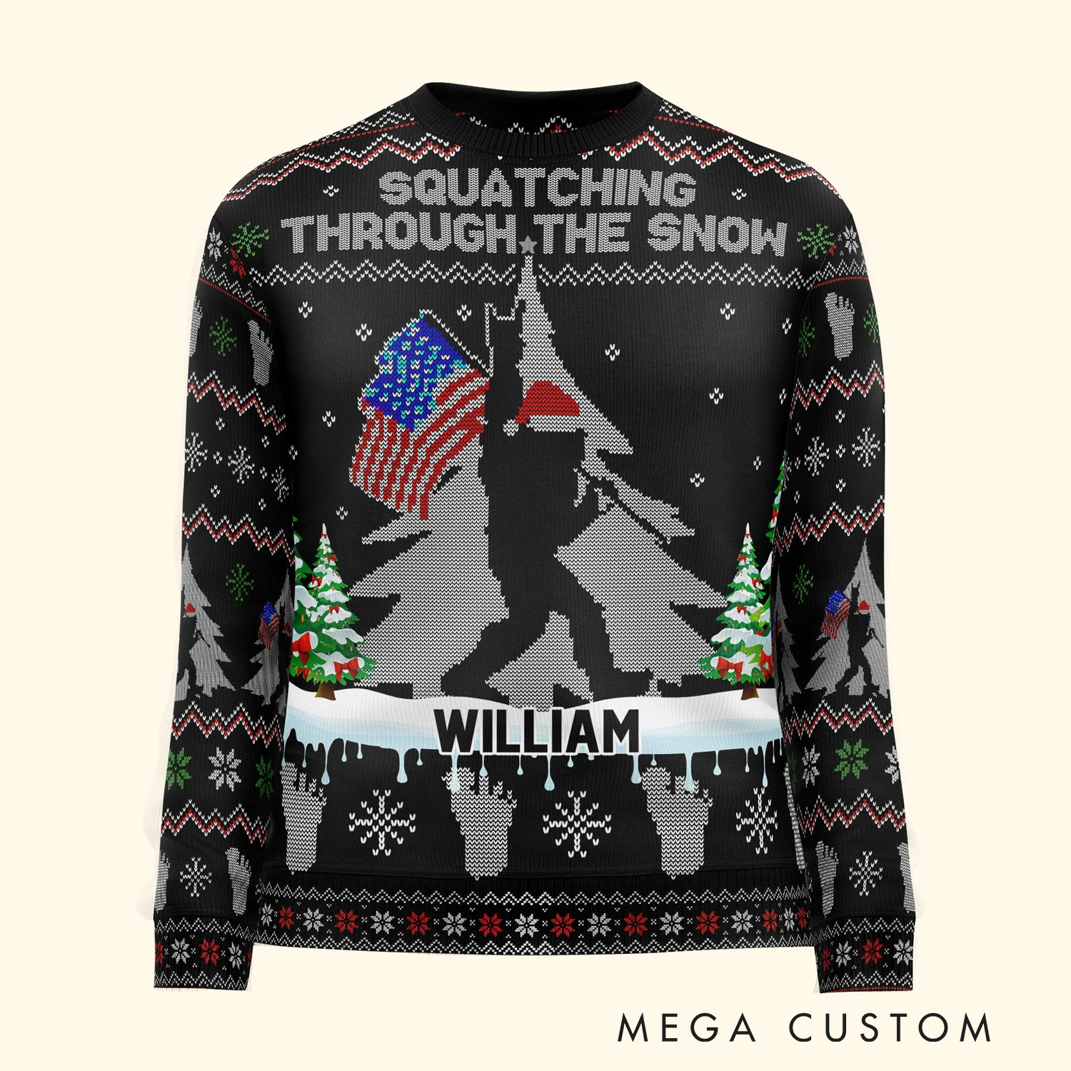 Personalized Squatching Through the Snow American Bigfoot Ugly Sweater Christmas Gift for Outdoor Enthusiasts