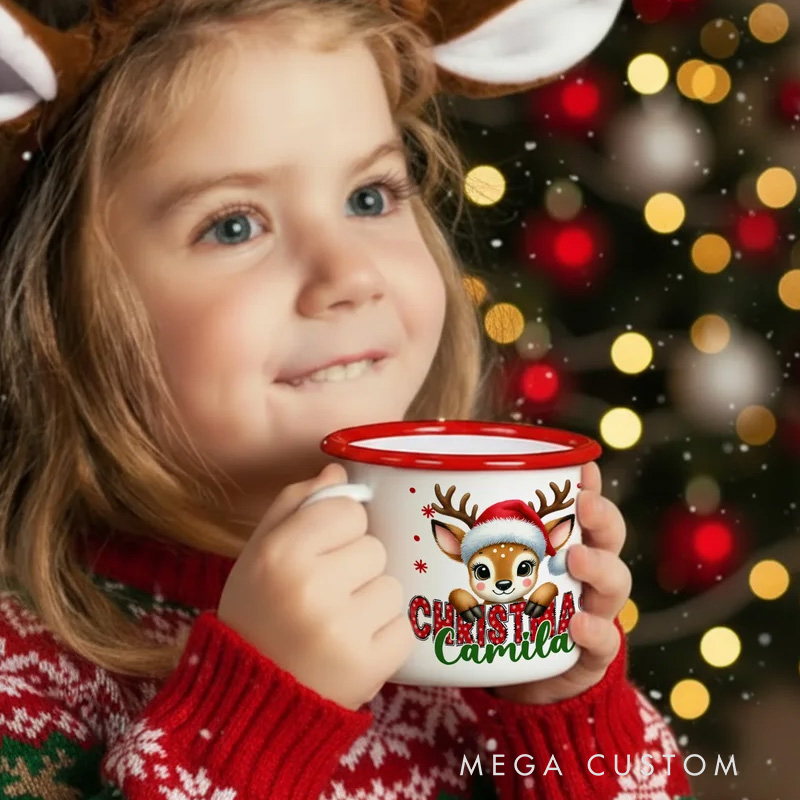 Personalized Christmas Santa Hat Cute Animal 12 oz Multicolor Enamel Mug with Name Christmas Gift