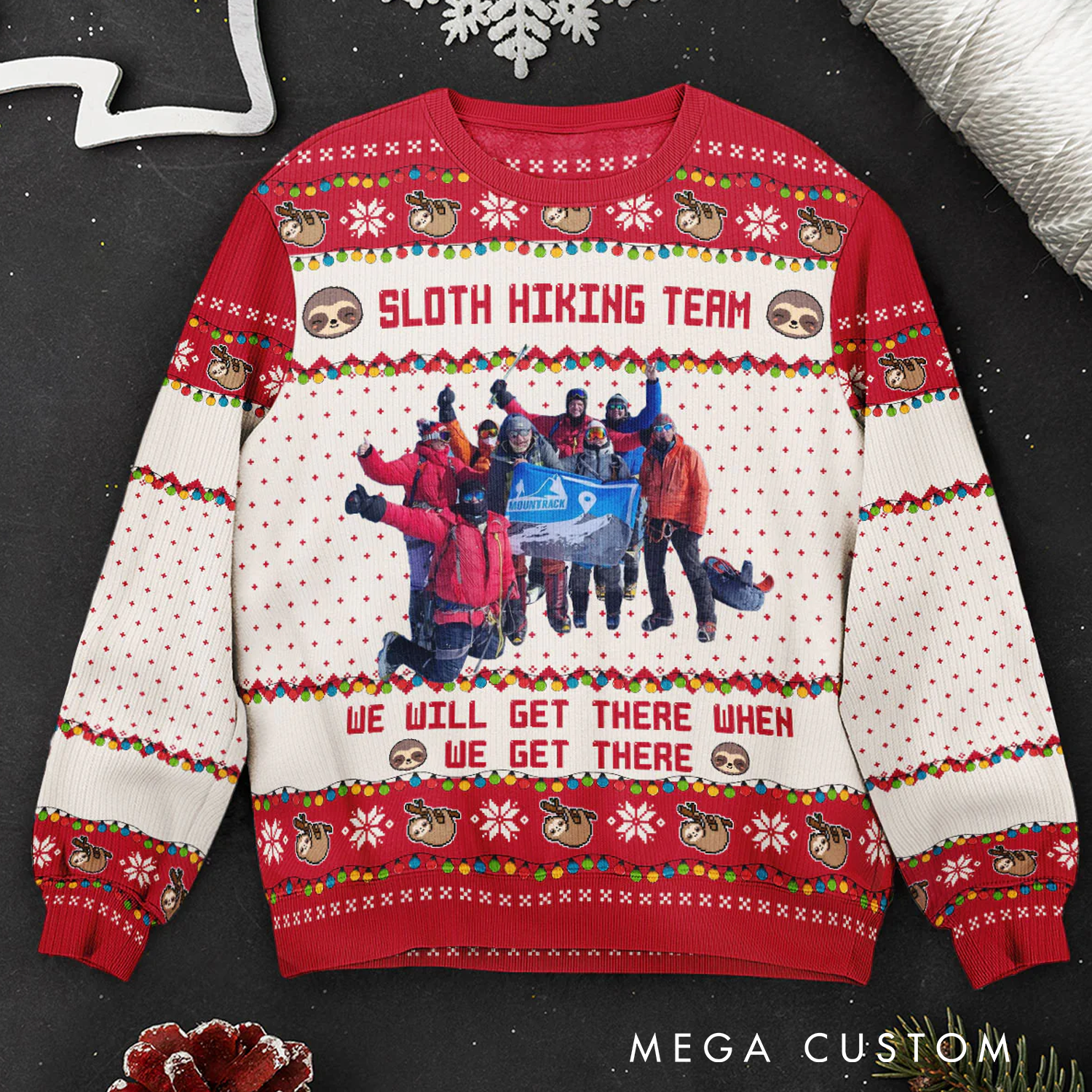 Personalized Sloth Hiking Team Ugly Sweater Custom Hiking Photo for Team Hiking Lovers Ugly Sweater Christmas Gift for Outdoor