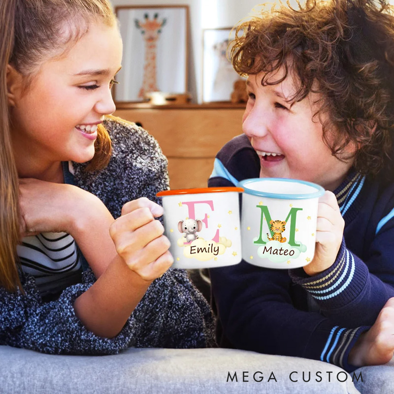 Personalized Cute Bear Dinosaur Cartoon Forest Animal 12 oz Colored Rim Enamel Mug with Initial and Name Birthday Gift