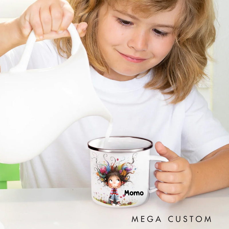 Personalized Cute Whimsical Quirky Girl 12oz Colorful Rim Enamel Mug with Name Birthday Back to School Holiday Gift
