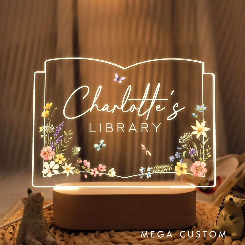 Personalized Book Lover LED Night Light Bookshelf Decor Sign Light with Name Book Shape Flower Light Bookworm Gift Book Lover Gift Bookish Gift