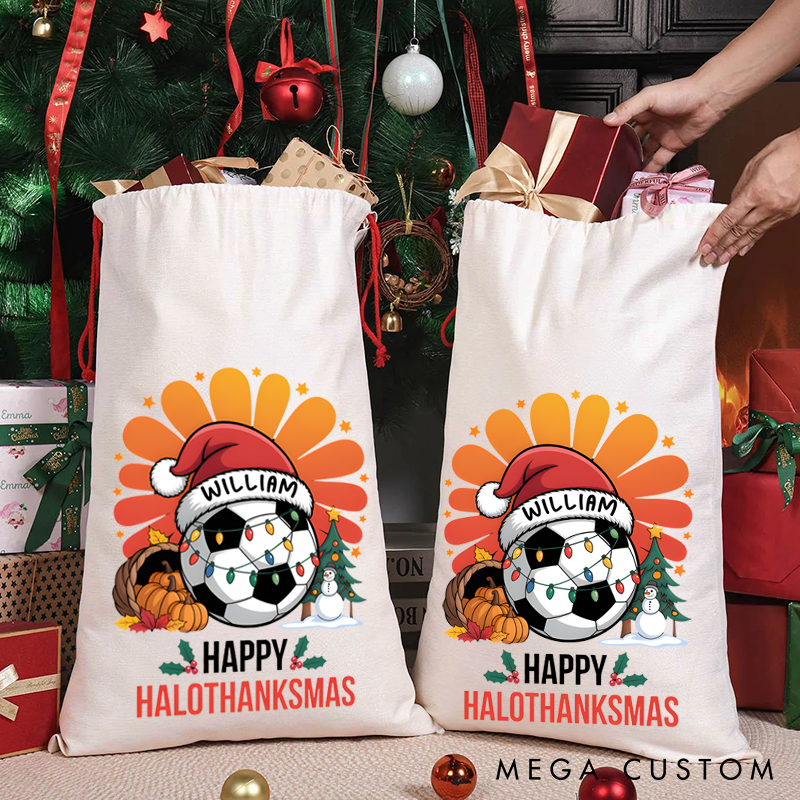 Personalized Christmas Soccer "Happy Halothanksmas" Gift Bag with Custom Name