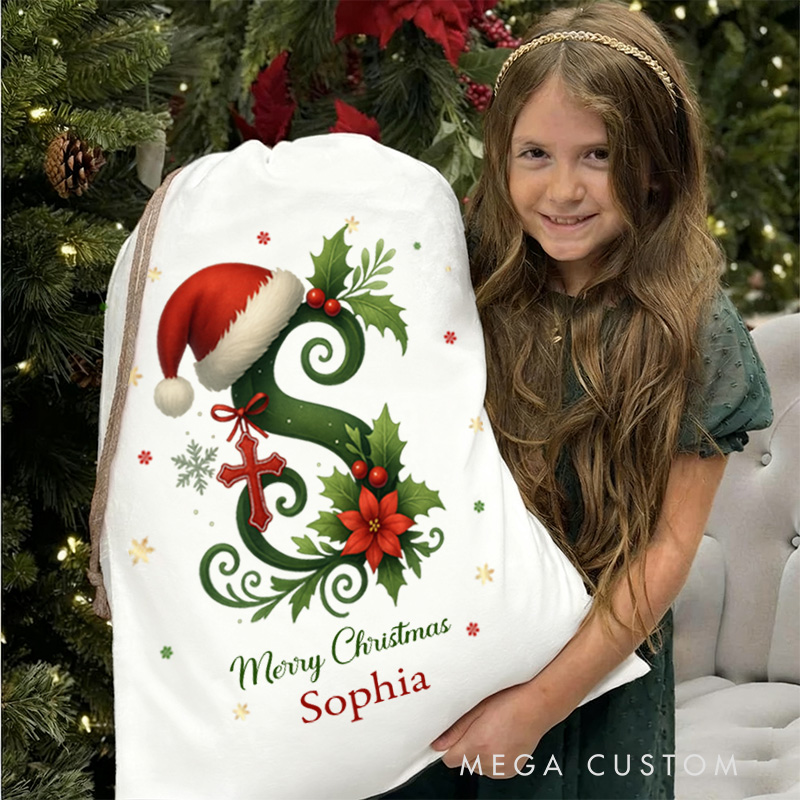 Personalized Cross Santa Hat Initial Drawstring Canvas Christmas Gift Bag with Name Text Christmas Party Gift Religious Gift