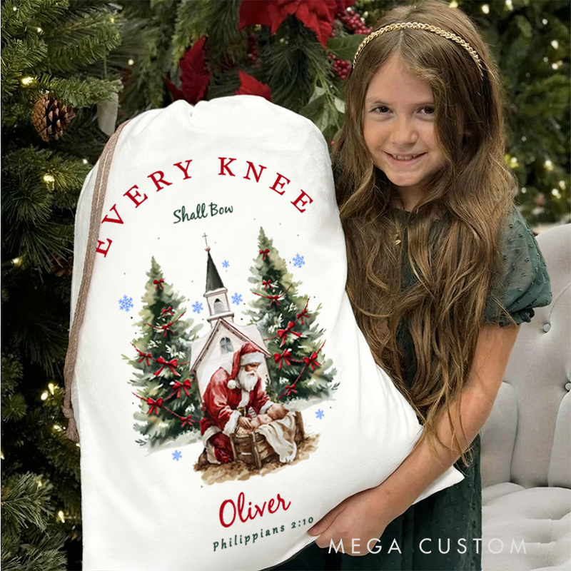Personalized Every Knee Shall Bow Nativity Scene Santa Sack with Name Drawstring Christmas Tree Gift Bag Jesus Religious Christmas Gift for Christian