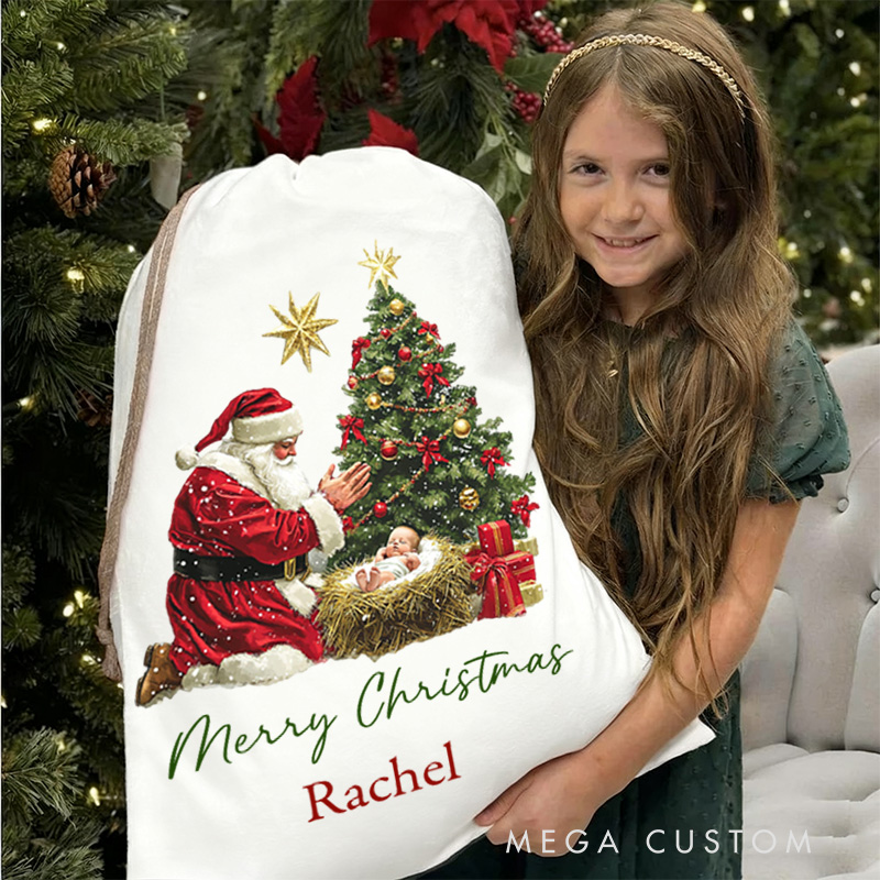 Personalized Nativity Scene Drawstring Canvas Christmas Gift Bag with Name Text Christmas Party Gift Religious Gift
