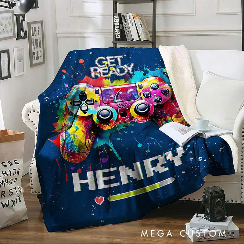 Personalized Color Ink Get Ready Gamepad Blanket Flannel Blanket Gaming Blanket with Name for Game Lovers Gamer