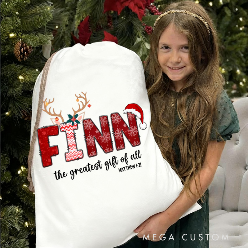 Personalized the Greatest Gift of All Drawstring Canvas Christmas Gift Bag with Name Text Christmas Party Gift Religious Gift