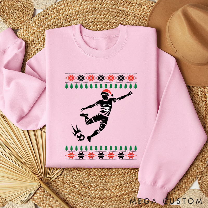Personalized Soccer Player Christmas Sweatshirt with Festive Design and Custom Name