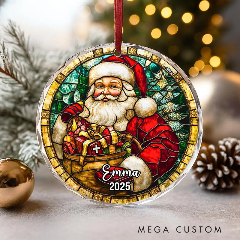 Personalized Santa Snowman Christmas Tree Cross Nativity Stained Glass Christmas Ornament with Name and Year Tree Decoration Christmas Christian Gift