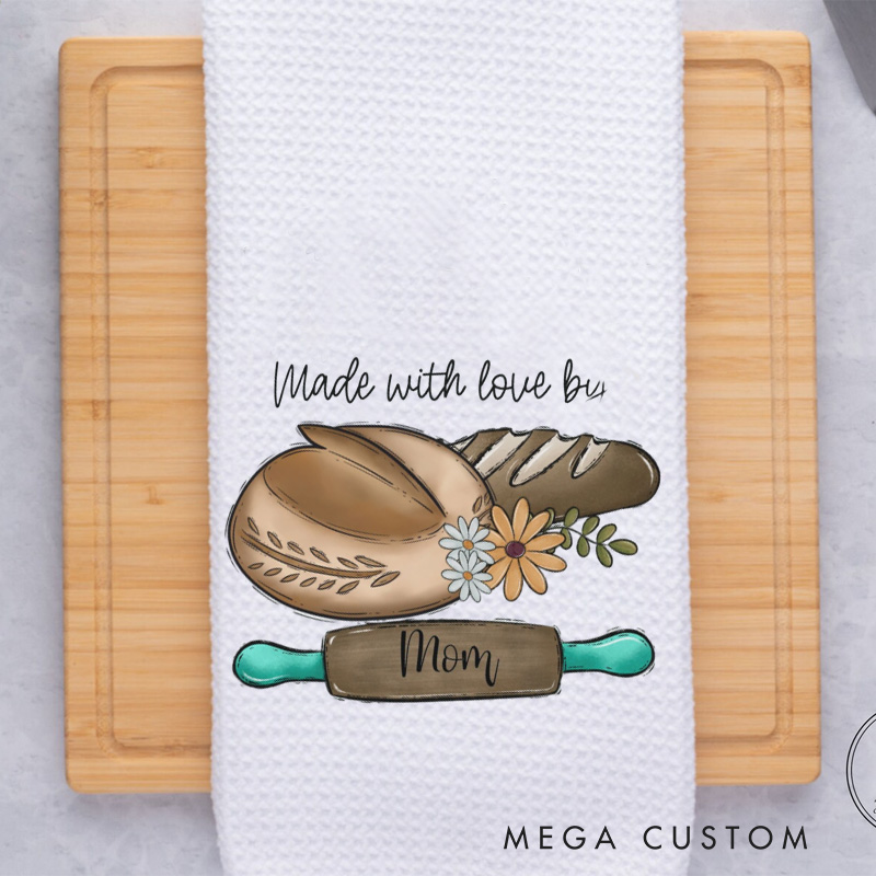 Personalized Made with Love Baking Kitchen Towel Custom Bread Themed Tea Dish Towel Hand Kitchen Towel Gift for Baking Lover