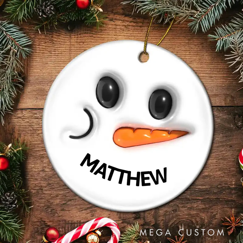 Personalized Snowman Smile Name 3D Inflated Effect Printed Combo Circle Ceramic Ornament Set