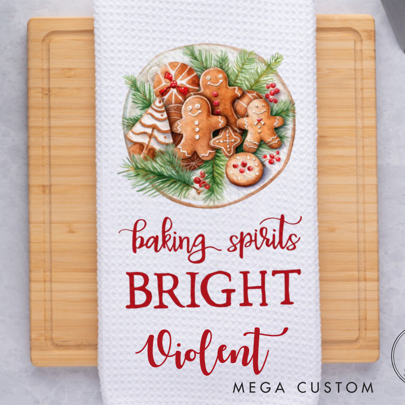 Personalized Baking Spirits Bright Kitchen Towel Christmas Cookies Dish Towel with Name Holiday Baking Hand Towel for Baking Lover Gift