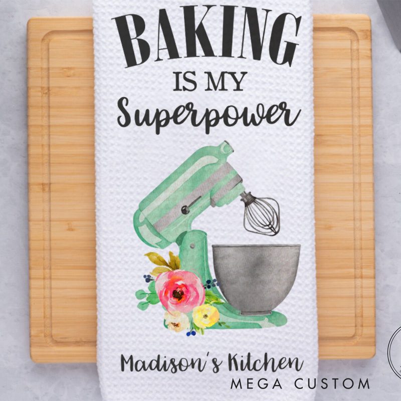Personalized Baking is My Superpower Kitchen Towel Bakers Dish Towel with Name Kitchen Mixer Hand Towel for Baking Lover Gift