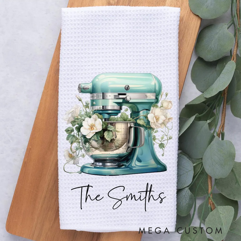 Personalized Aqua Floral Mixer Kitchen Towel Bakers Dish Towel with Name Kitchen Tool Hand Towel for Baking Lover Gift