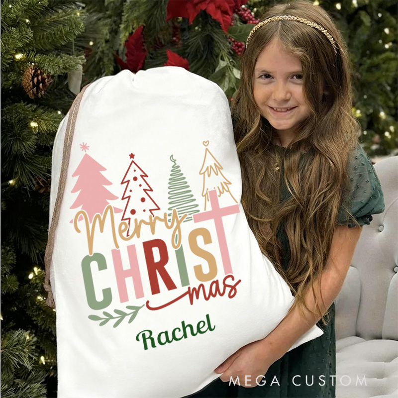 Personalized Merry Christmas Drawstring Canvas Christmas Gift Bag with Name Christmas Party Gift Religious Gift