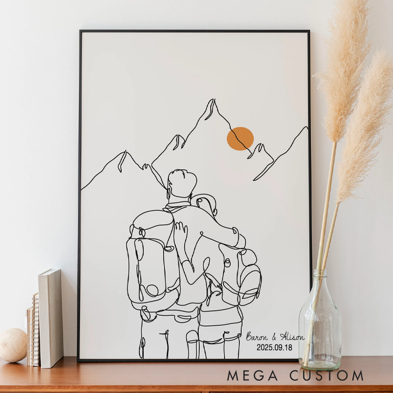 Personalized Minimalist Couple Hiking Line Art Friends Poster Room Decoration Trek Hike Walk Wall Art Outdoor Adventure Lover Gift