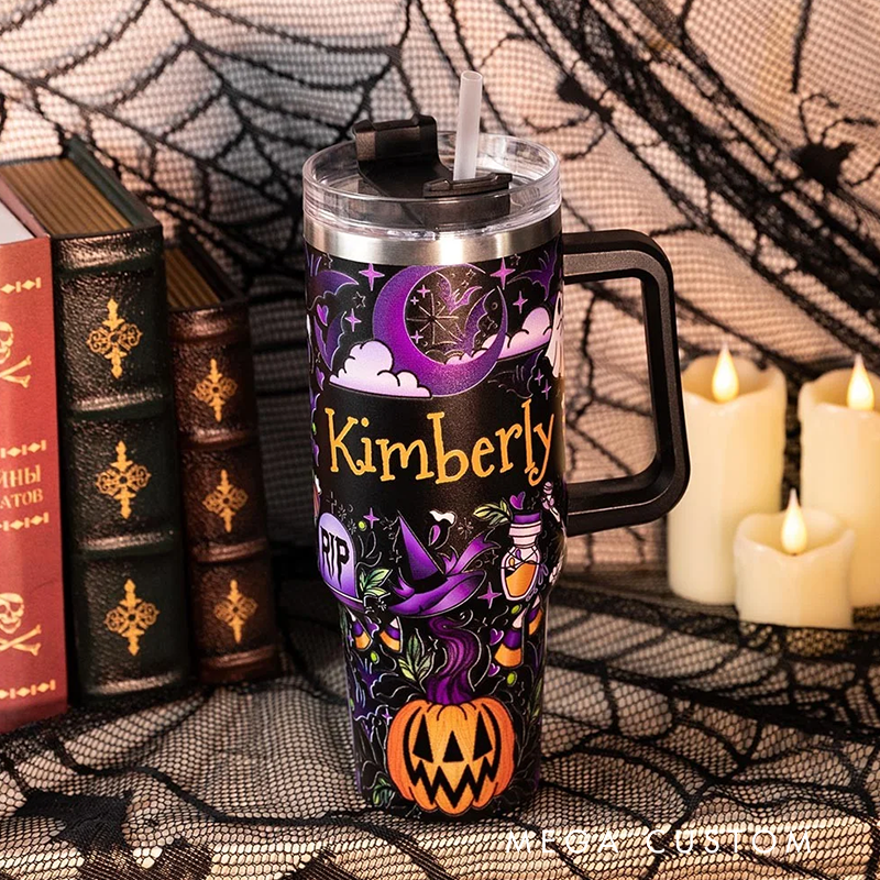 Personalized Name Halloween Ghost Pumpkin Tumbler 40oz Stainless Steel Halloween Spooky Tumbler with Lid Straw Halloween Gift