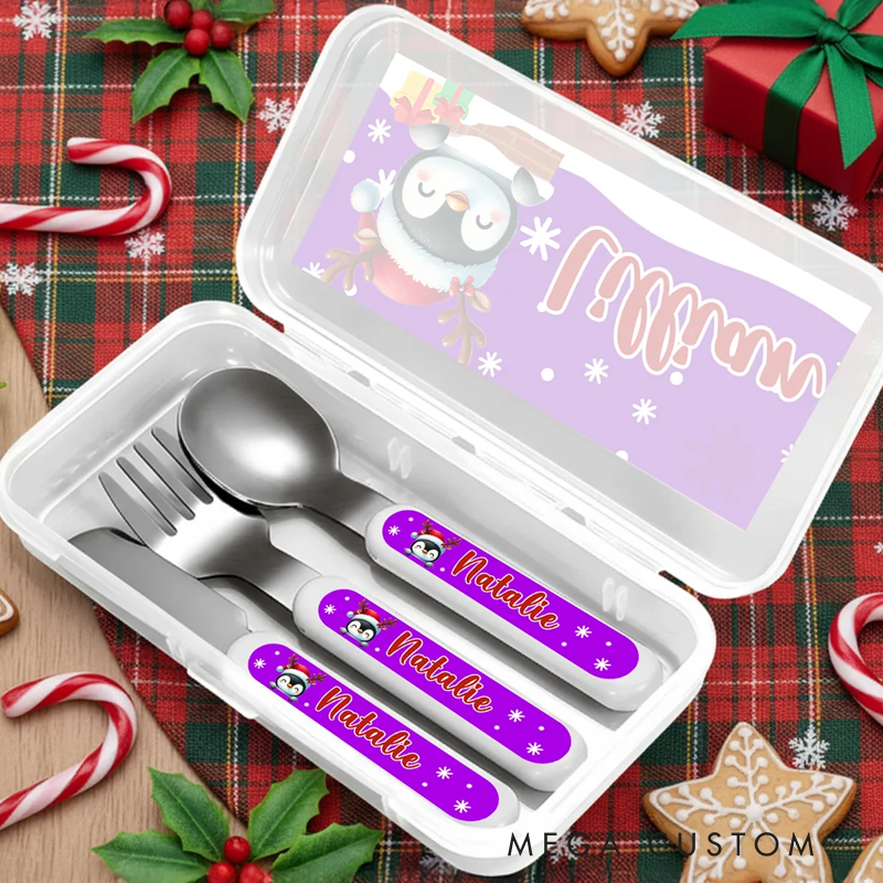 Personalized Cartoon Animal Snowflake Santa Hat Food-Grade Kid's Fork Spoon Knife 3 Pcs Cutlery Set with Name Christmas Party Gift 