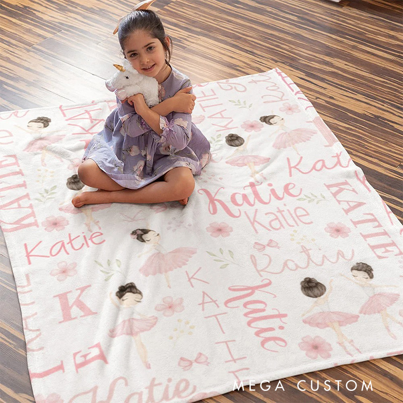 Personalized Cute Pink Ballet Girl Blanket Flannel Blanket Ballet Lover Blanket with Name for Dance Lovers Dancer