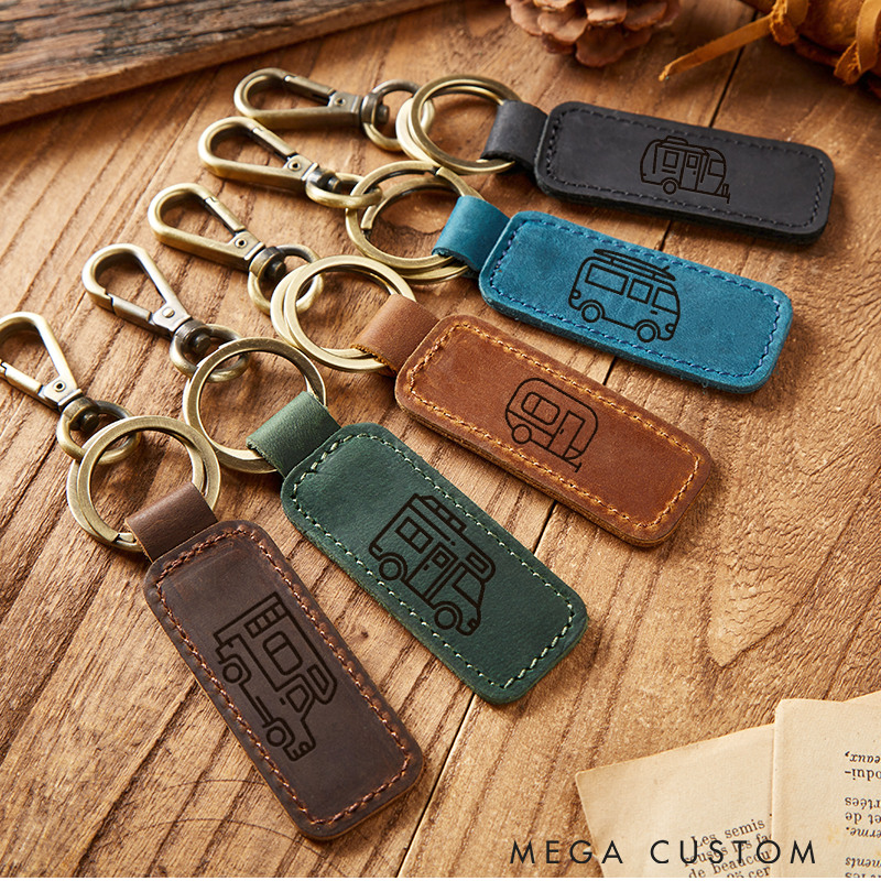 Personalized Happy Camper Leather Keychain Camping Key Chain Travel Camper Rv Gift