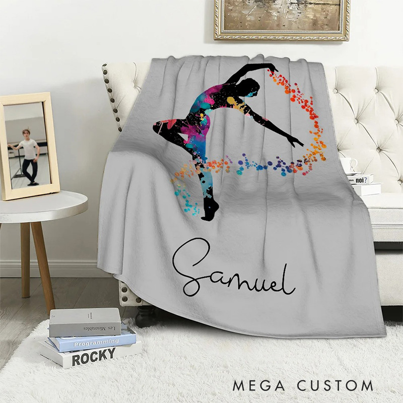 Personalized Watercolor Male Ballet Silhouette Blanket Flannel Blanket Ballet Lover Blanket with Name for Dance Lovers Dancer