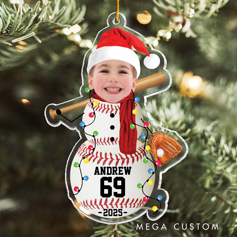 Personalized Sports Snowman Christmas Ornament with Custom Photo, Name, Number, and Year