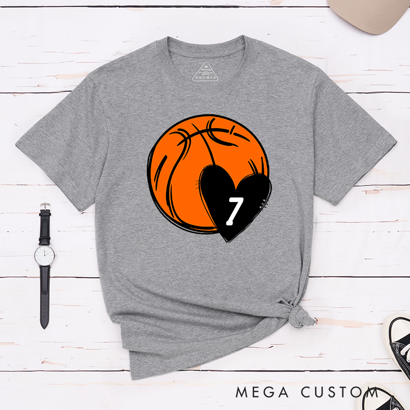 Personalized Basketball T-Shirt with Heart and Custom Jersey Number Design Perfect for Basketball Fans and Players