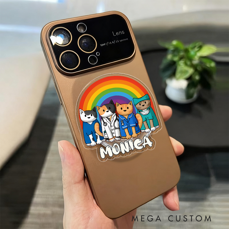 Personalized Rainbow Cat Nurses Phone Grip Custom Name Medical-Themed Accessory
