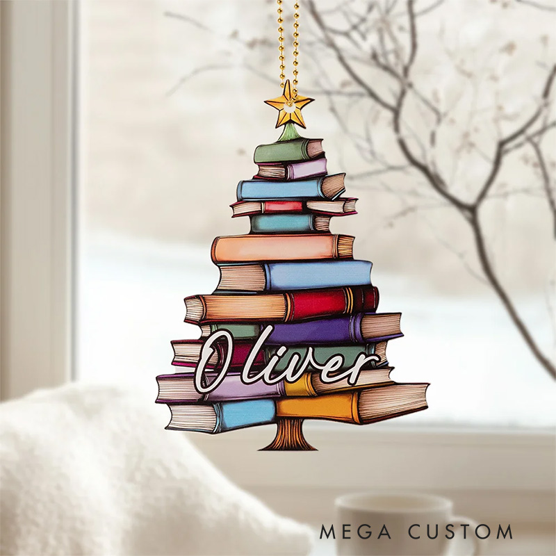 Personalized Book Tree Suncatcher Christmas Ornament Holiday Tree Window Car Decor with Name Birthday Book Club Gift for Bookworms Librarians