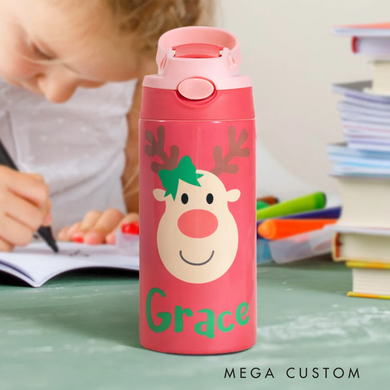 Personalized Colorful Reindeer 12oz Water Bottle with Name and Silicone Straw Birthday Christmas Gift